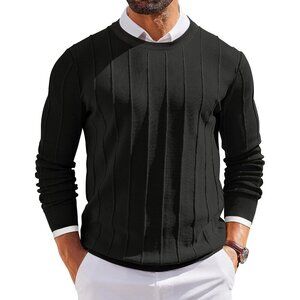 Men’s Crew Neck Sweater, Long Sleeve Ribbed Knit Slim Fit Pullover Casual Dress